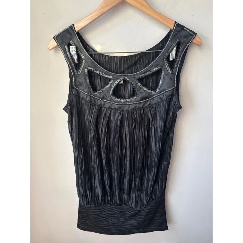 Charming Charlie Black Beaded Cutout Pleated Going Out Top Small